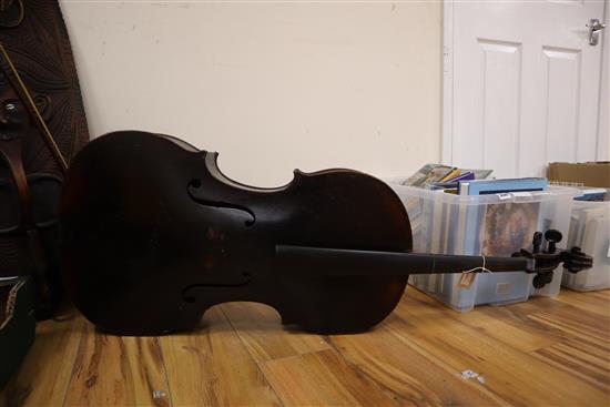 A 19th century cello with two-piece back and bow